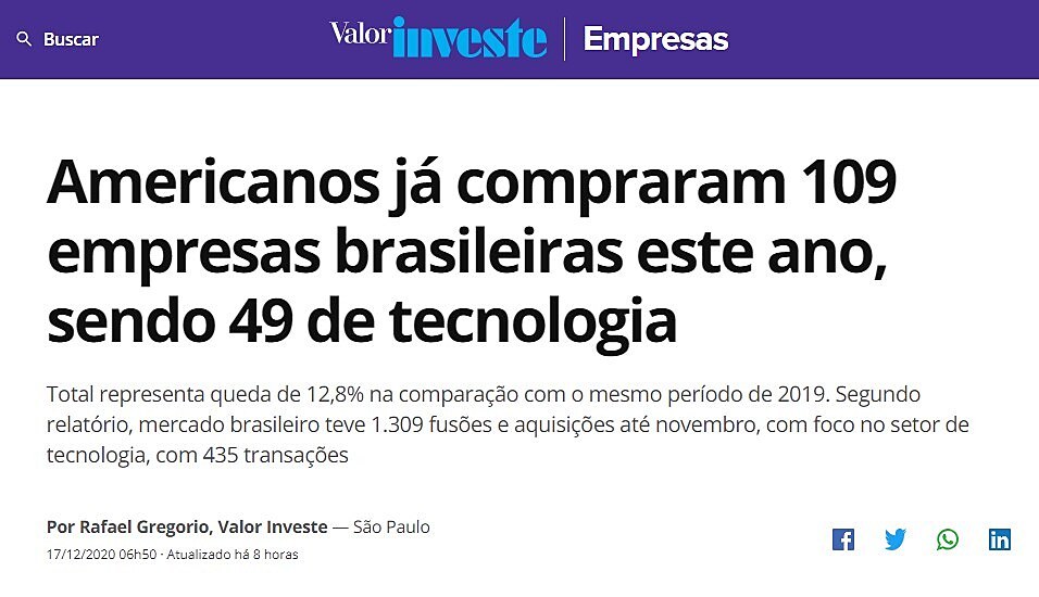 Americanos j compraram 109 empresas brasileiras este ano, sendo 49 de tecnologia